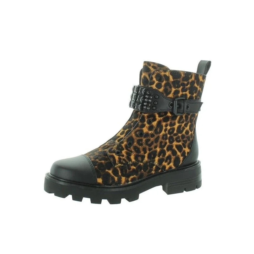 Karl Lagerfeld Womens 7.5 M Leopard Print Cow Fur Maeva Combat Boots DISPLAY QY5